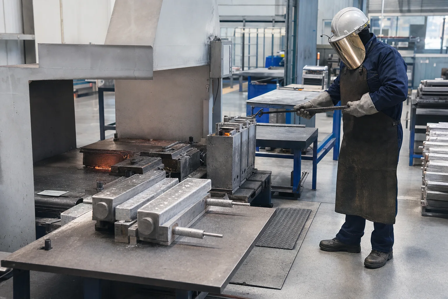 Illustrative visualization of aluminum anode mold handling and inspection workflow