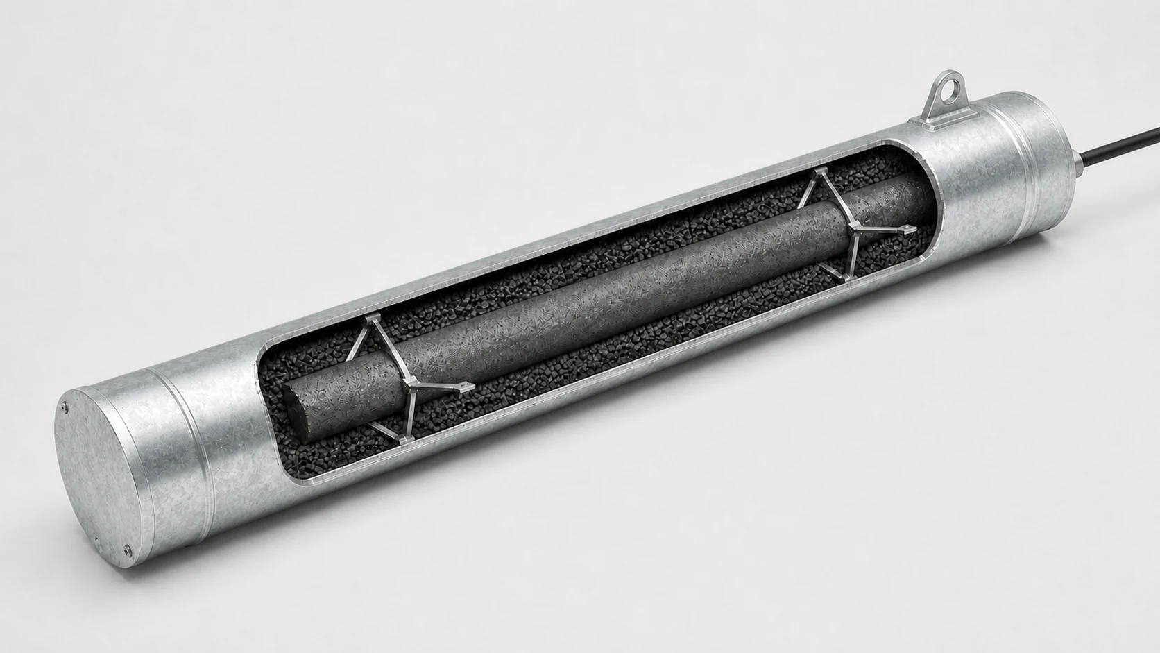 Representative cutaway concept showing a centered HSCI anode, coke backfill, supports and canister shell