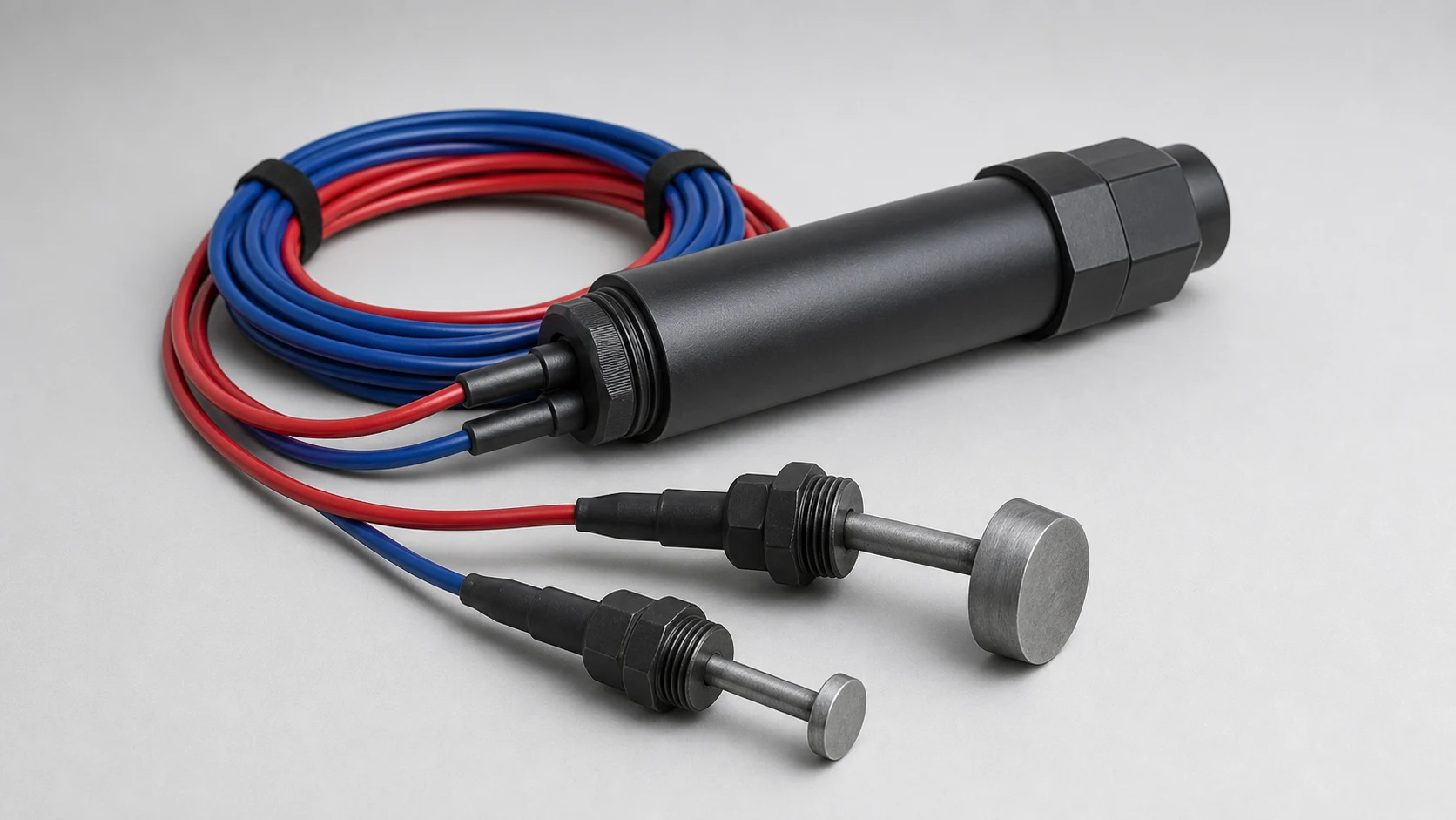 Cathodic protection polarization coupon and probe assembly with sealed leads on a clean studio background
