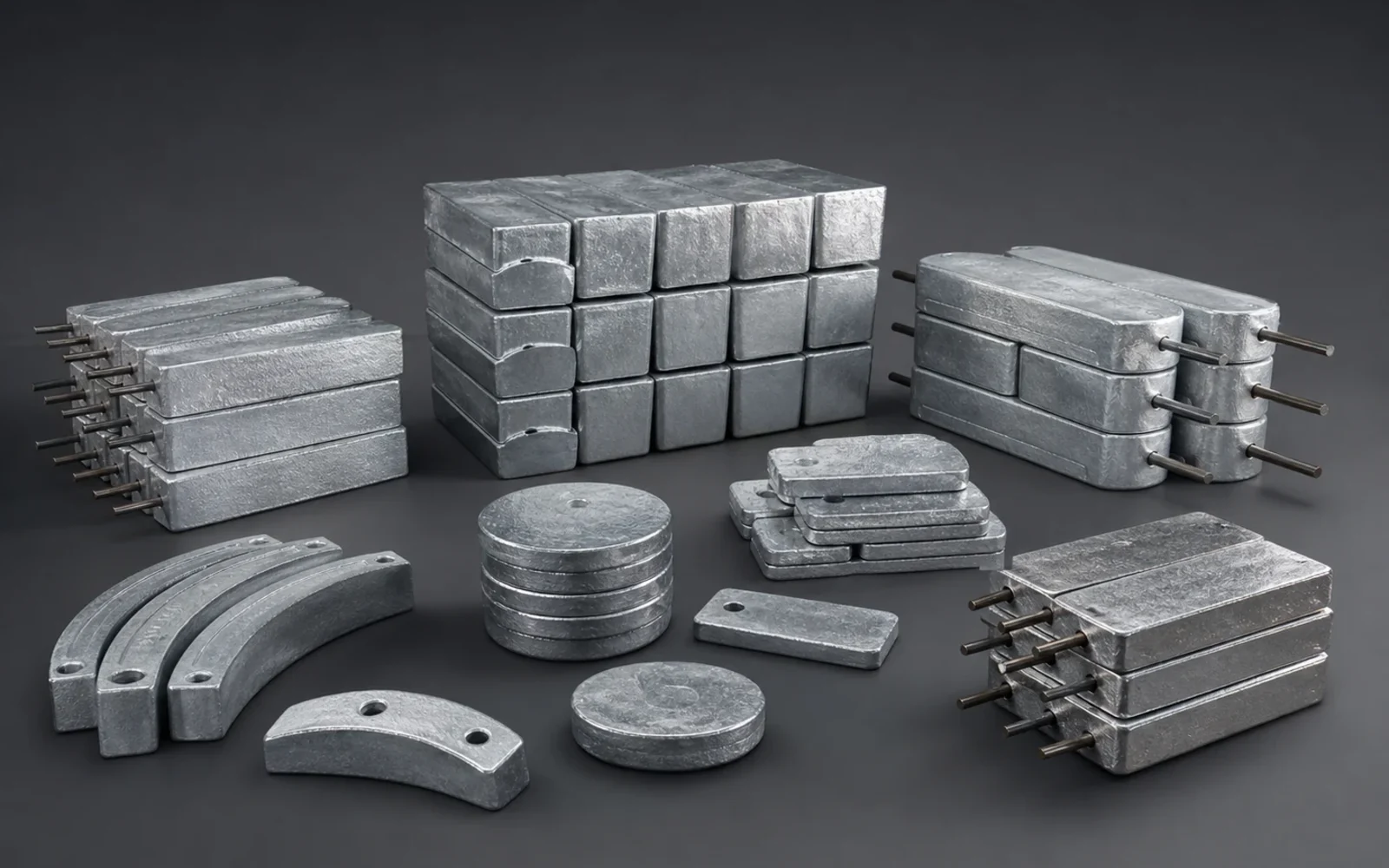 Finished cast zinc sacrificial anodes packed by production lot