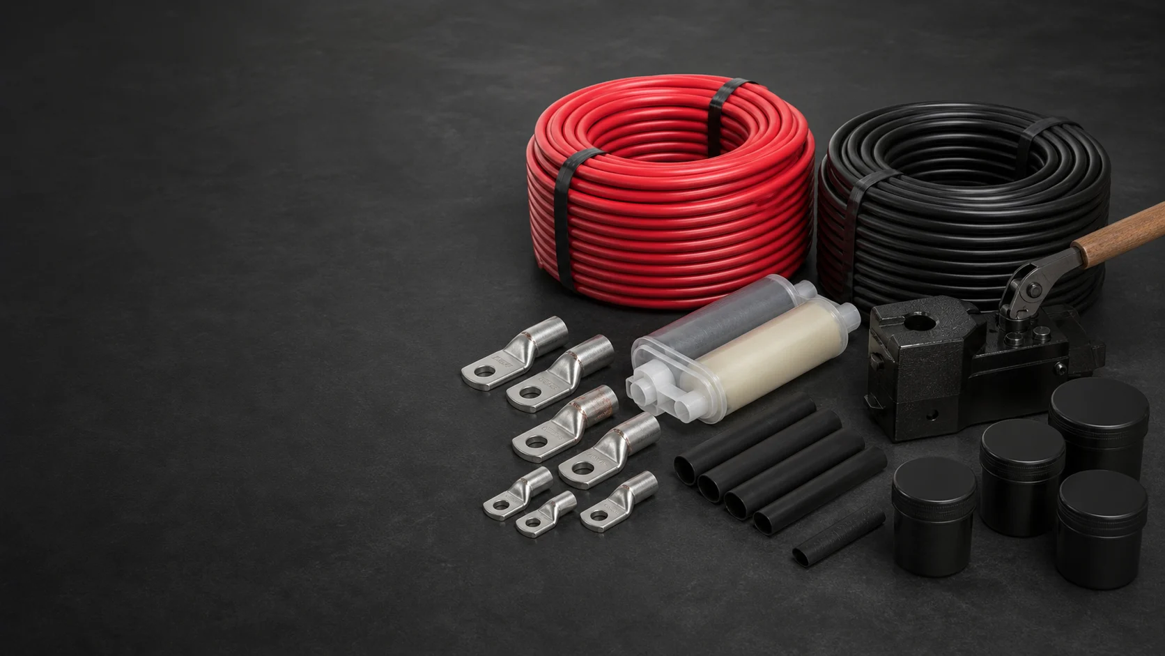 Cathodic protection cable and connection accessories arranged on a dark studio background