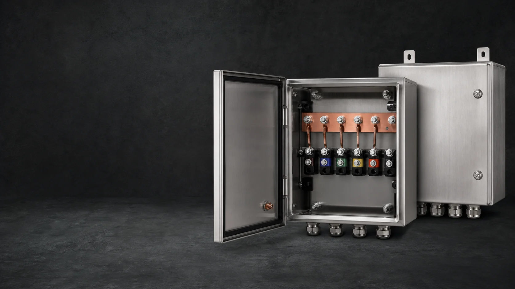 Open monitoring enclosure with busbar, terminals and cable glands