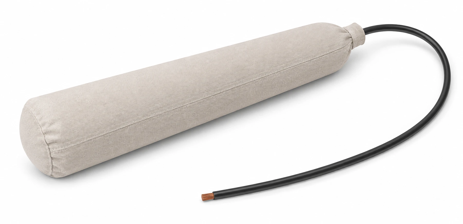 Complete prepackaged magnesium anode in a fabric bag with an insulated cable lead on a white studio background