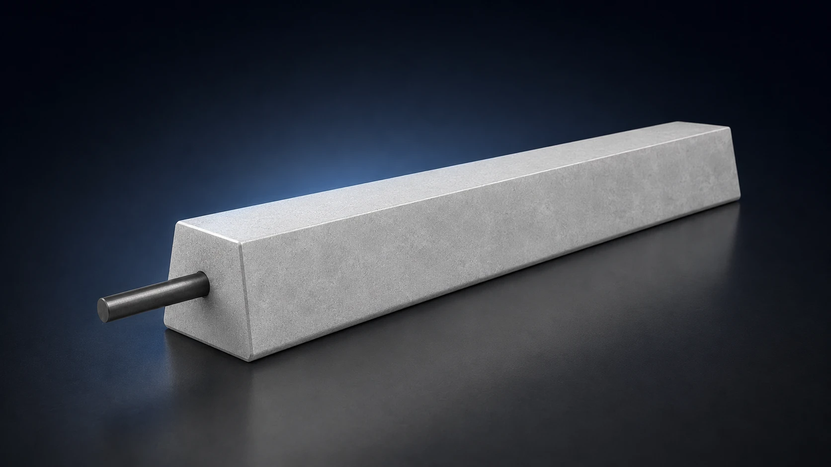 Trapezoidal magnesium sacrificial-anode body with one visible round steel-core projection