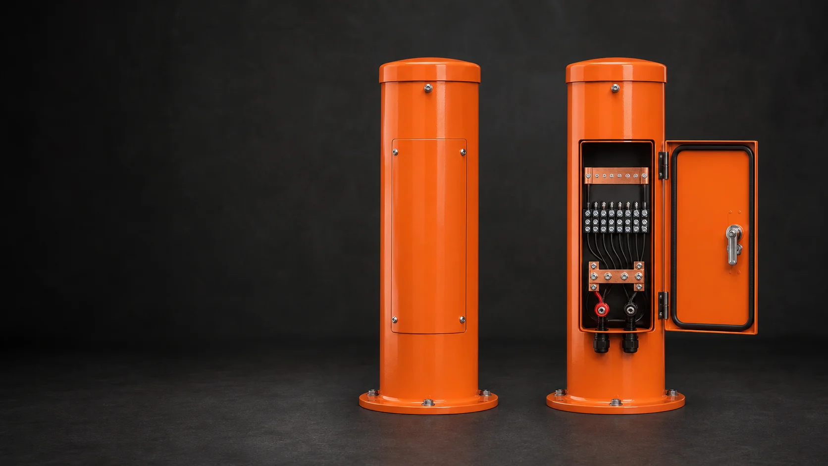 Pair of orange cathodic protection test stations, one open to show terminals