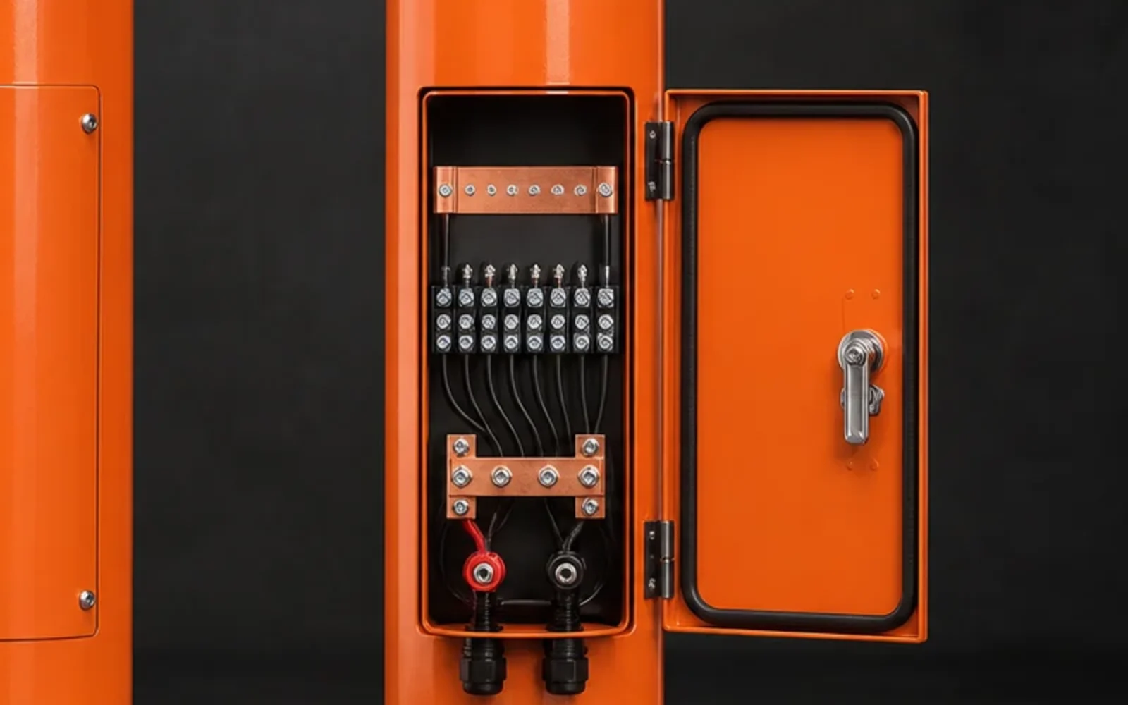 Close studio detail of an open test-station terminal panel