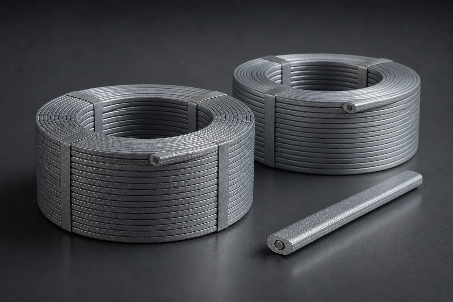 Premium studio view of zinc ribbon coils and a straight ribbon sample