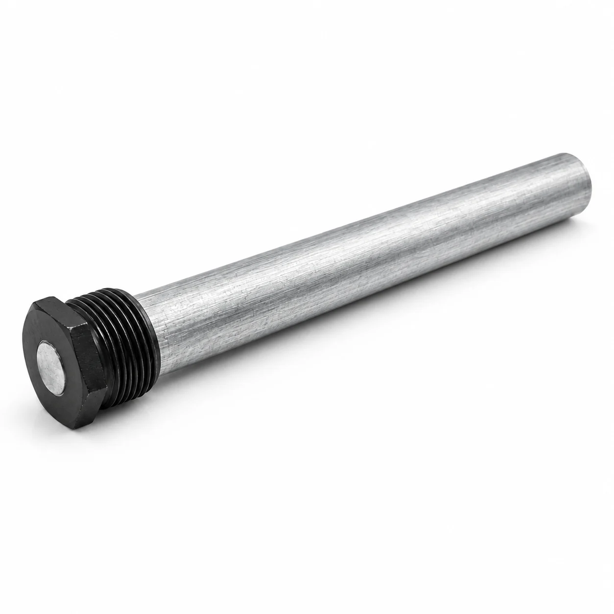Straight magnesium water heater anode rod with black threaded hex plug