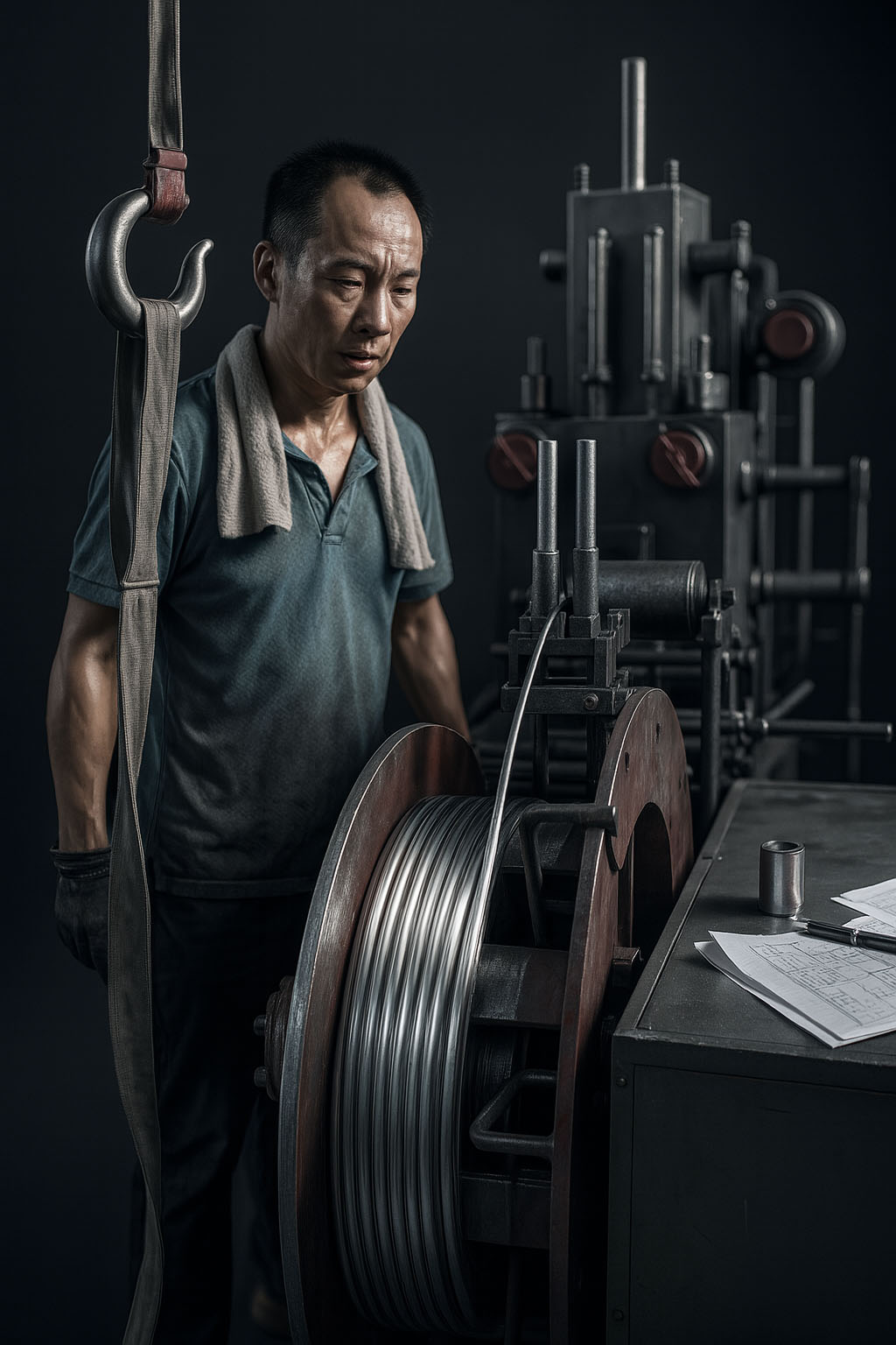Skilled factory worker operating zinc ribbon production machinery